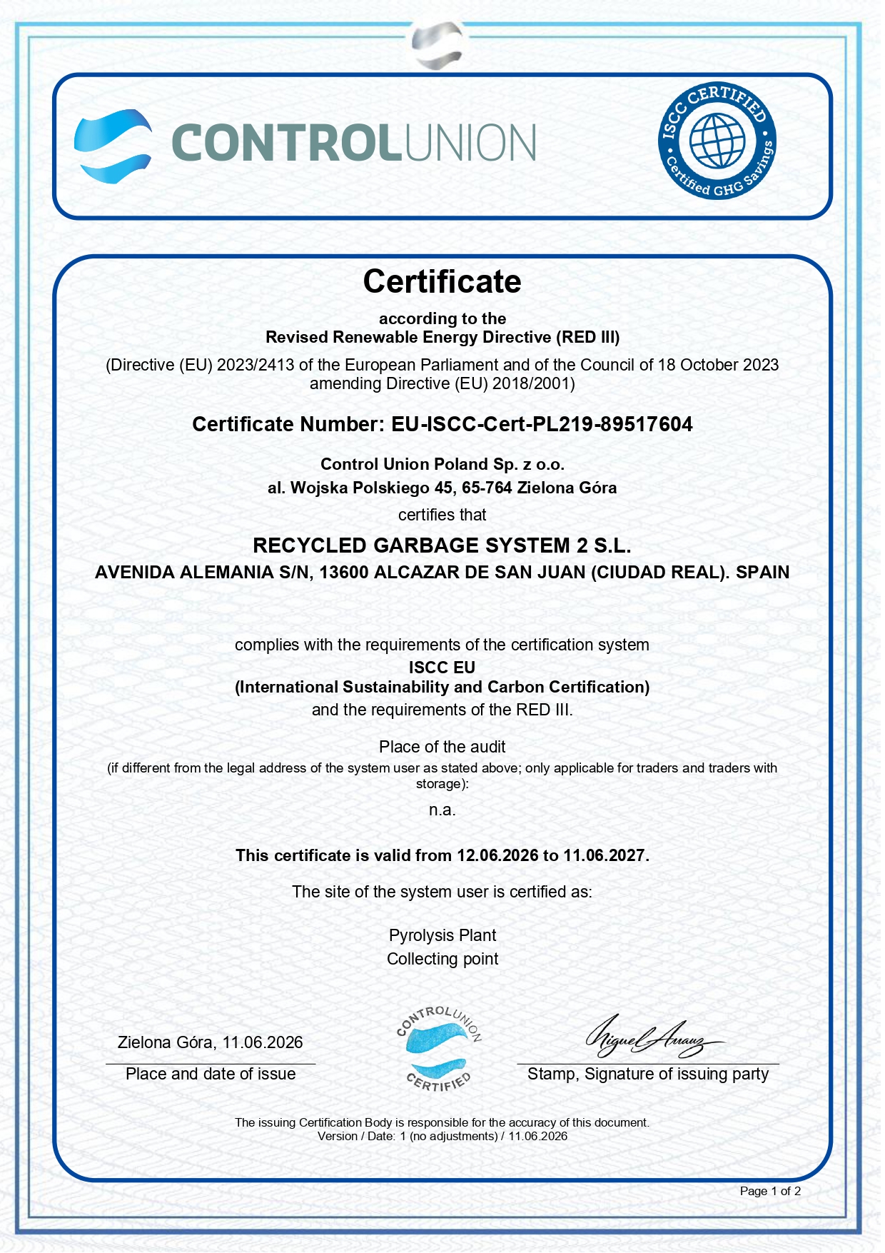 Certificado EU ISCC 1