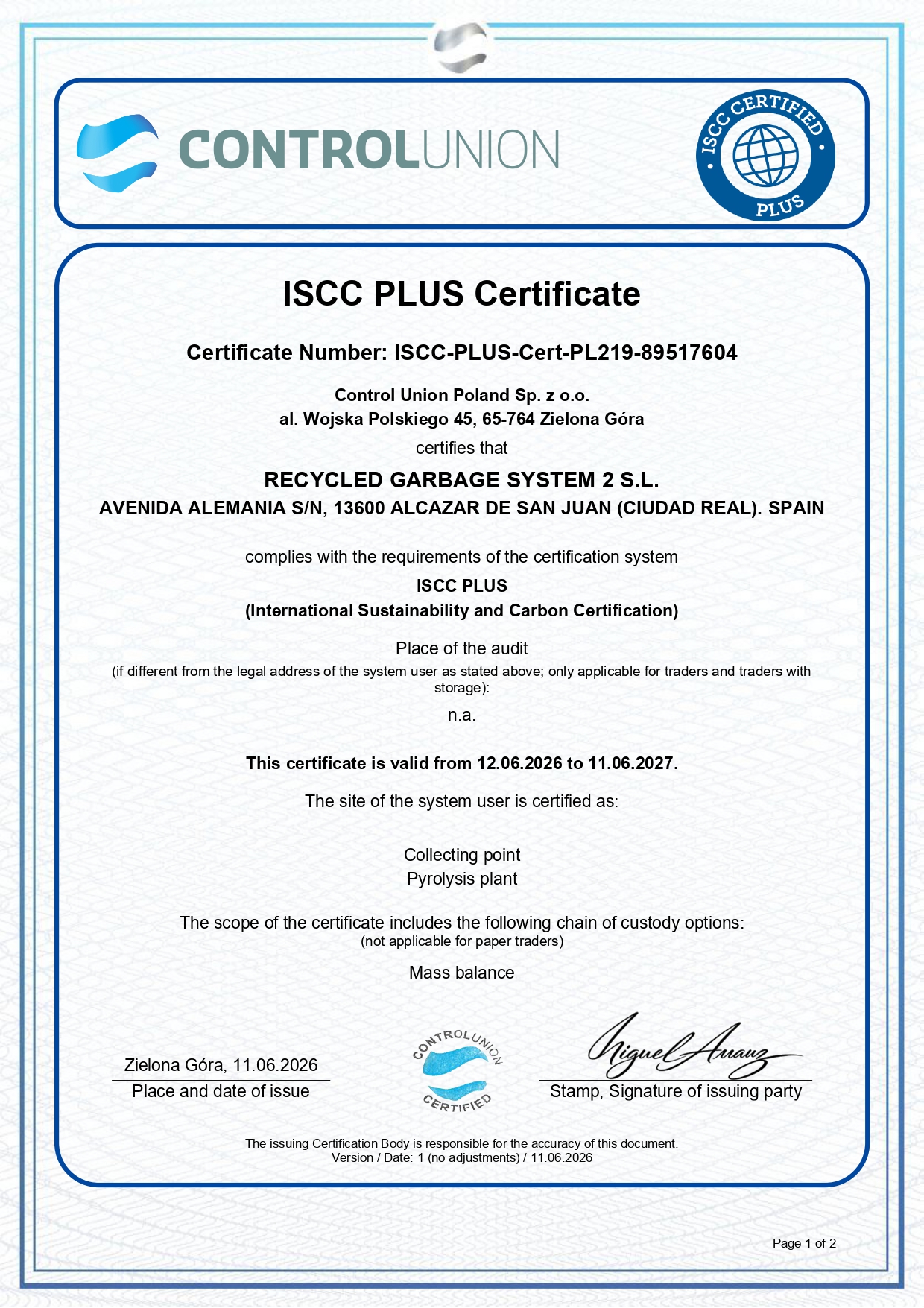 Certificado ISCC 1